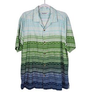 Tommy Bahama Mens Large Silk Shirt Blue Green Gradient Patterned Button Short S